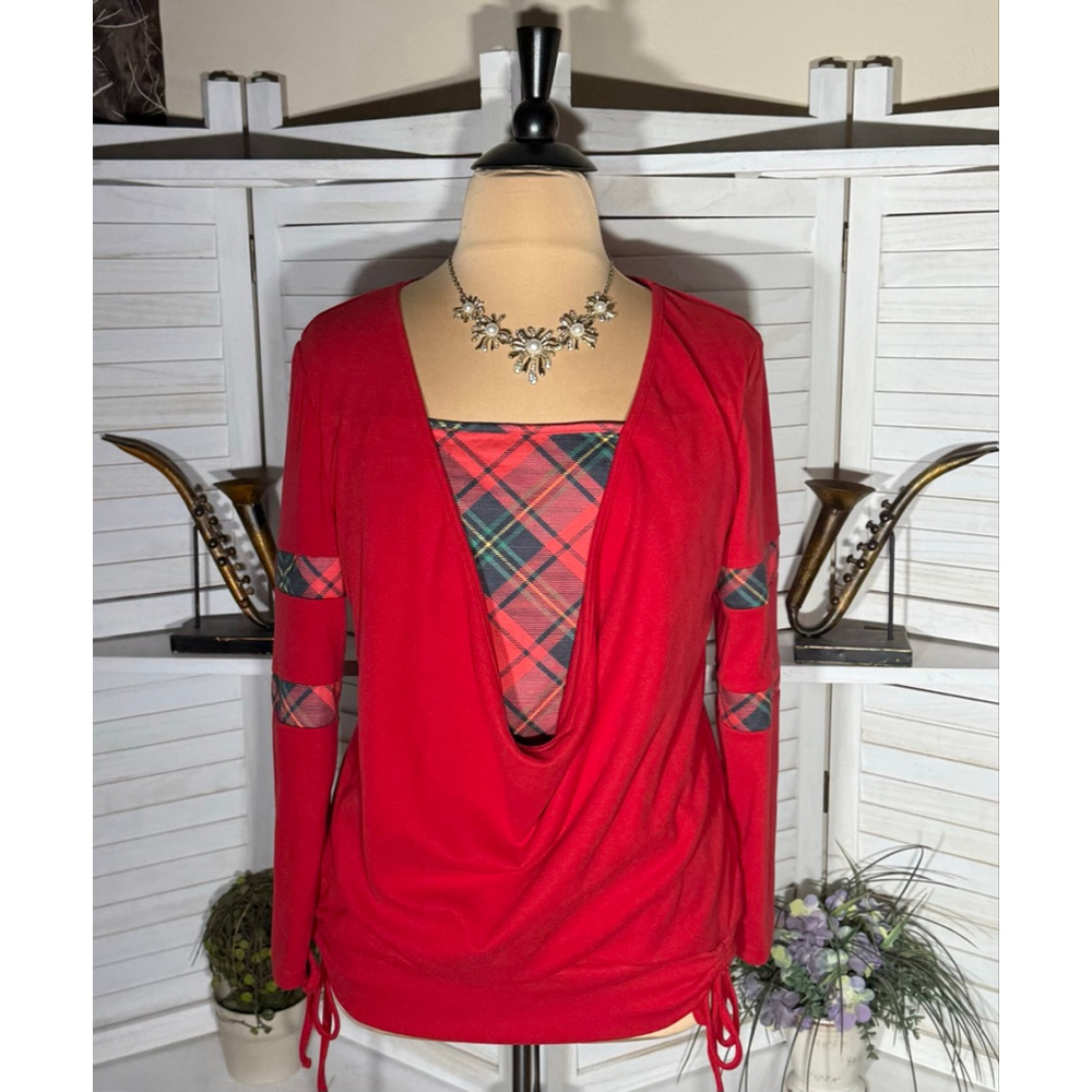 vtge Y2K Christmas sweatshirt cowlneck holiday plaid fleece festive ugly Xmas XL